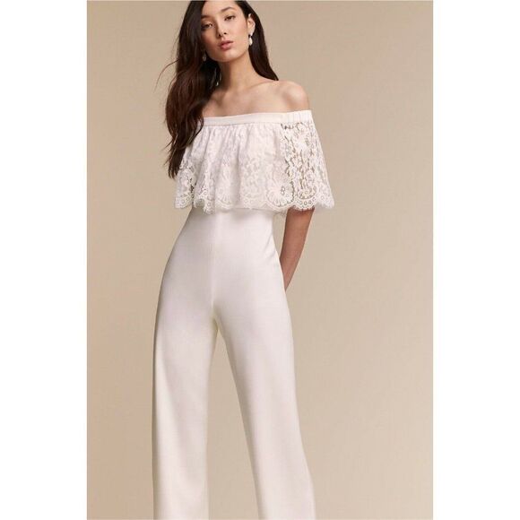 NEW BHLDN Sz 2 THEIA BRIDESMAIDS BRIDAL MILA OFF-THE-SHOULDER LACE JUMPSUIT - Picture 3 of 4